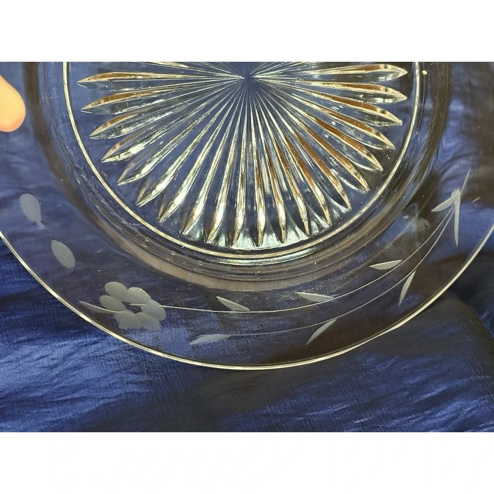 Vtg Elegant Clear Glass Plates Set 6 Etched Floral Rim Rays Starburst Center